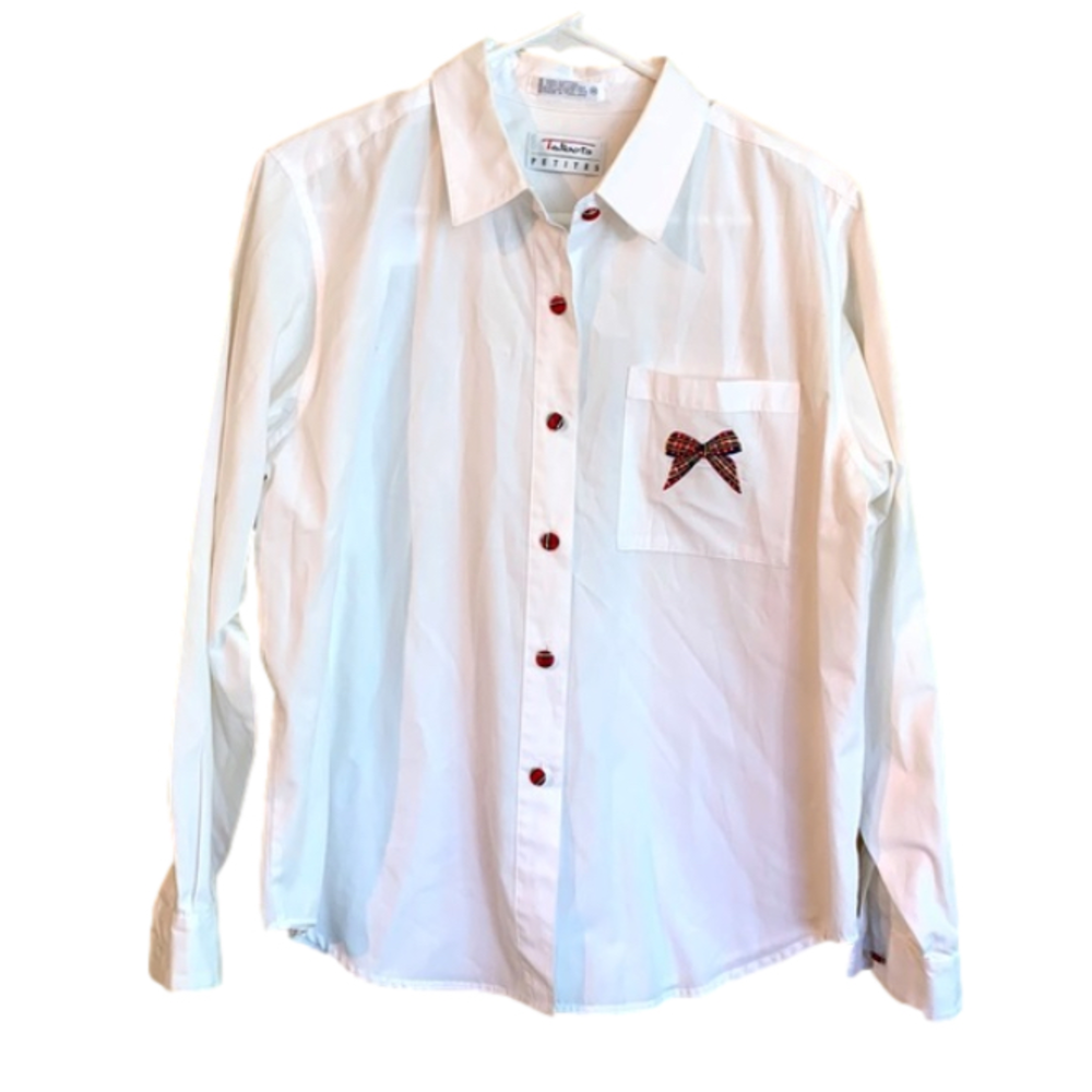VINTAGE Talbots Petites White Button Up Holiday Festive Bow Blouse Shirt Medium